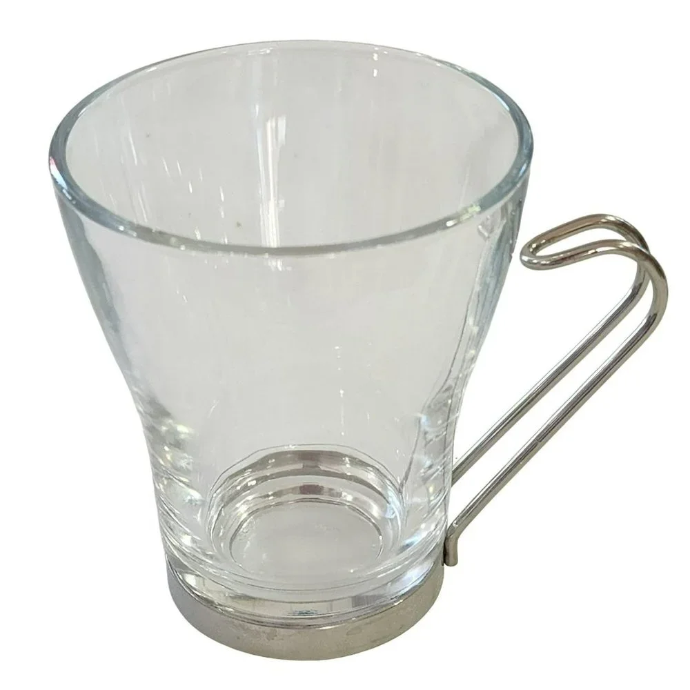 Vintage Clear Glass Cappuccino Expresso Tea Cup Coffee Mug Set of 7 Metal Handle